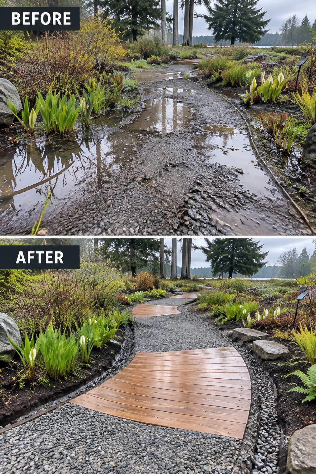 Before and after of muddy trail upgraded with curved wooden boardwalks in forest garden.