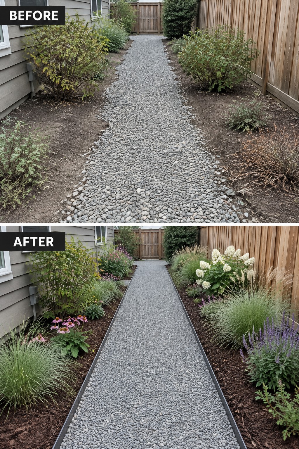Before and after of edged gravel path with colorful garden plantings and mulch beds