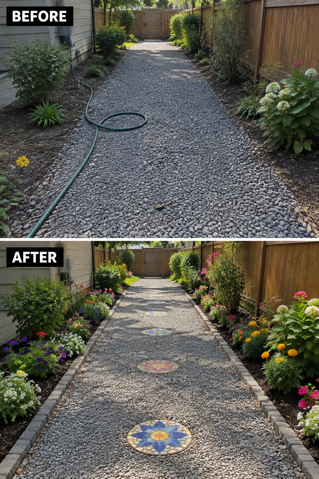 Before-and-after image of a gravel garden path updated with mosaic stepping stones and planted flower borders.