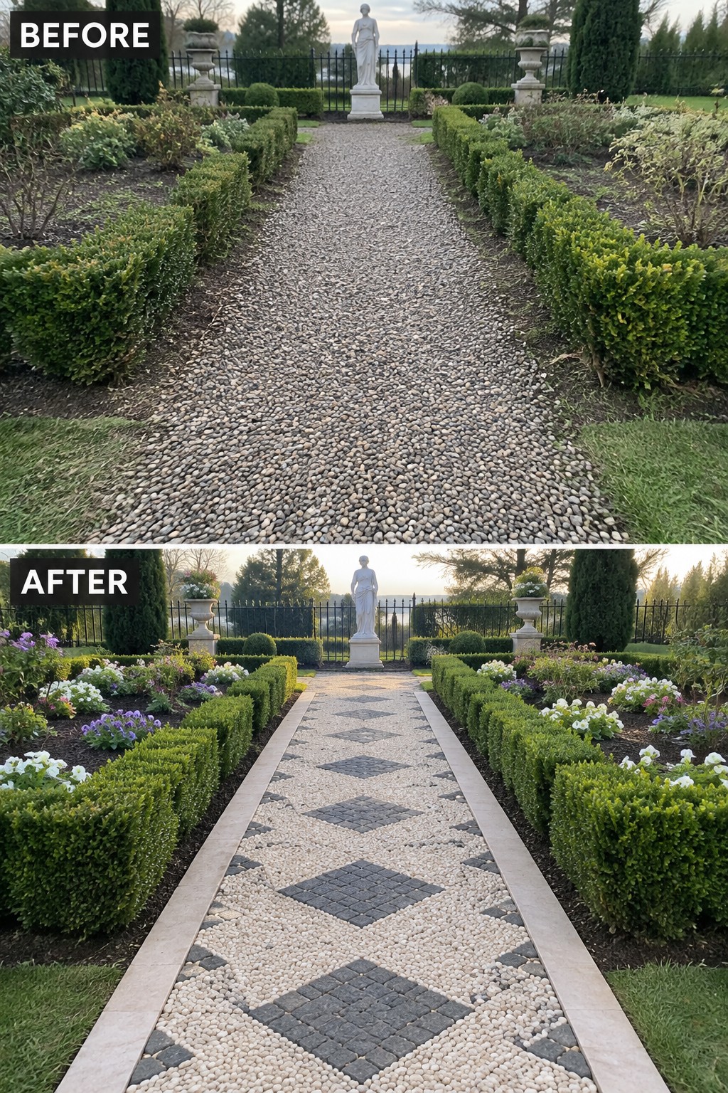 Before and after garden path with pebble stones upgraded to patterned tiles and colorful flowers.