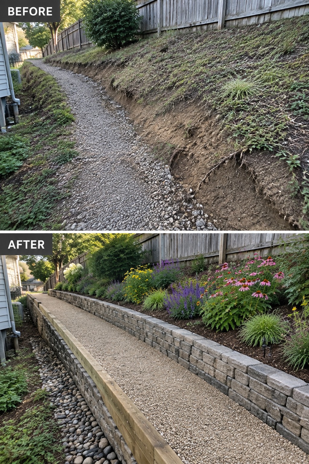 Before-and-after view of eroded slope transformed into retaining wall and colorful garden