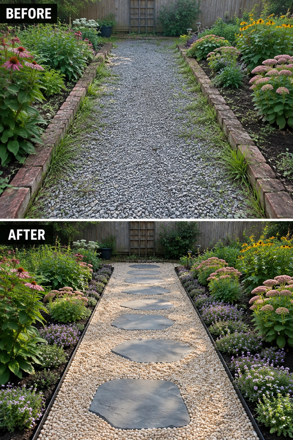 Before and after garden path with gravel replaced by pebbles and stepping stones