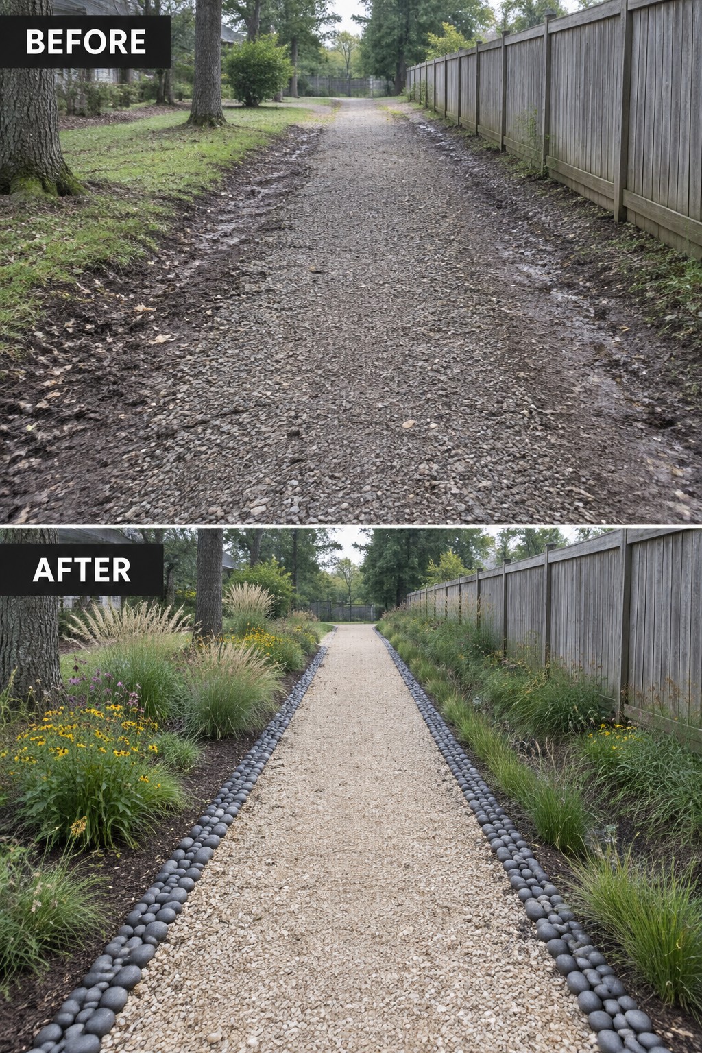 Before muddy path and after gravel walkway with stone borders and flower beds.