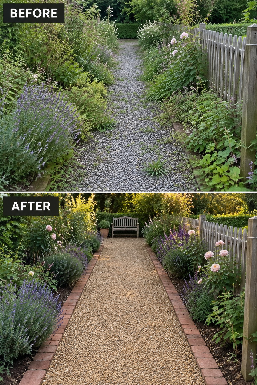Before-and-after image of an overgrown garden gravel path updated with brick edging, contained planting beds, and a bench at the far end.
