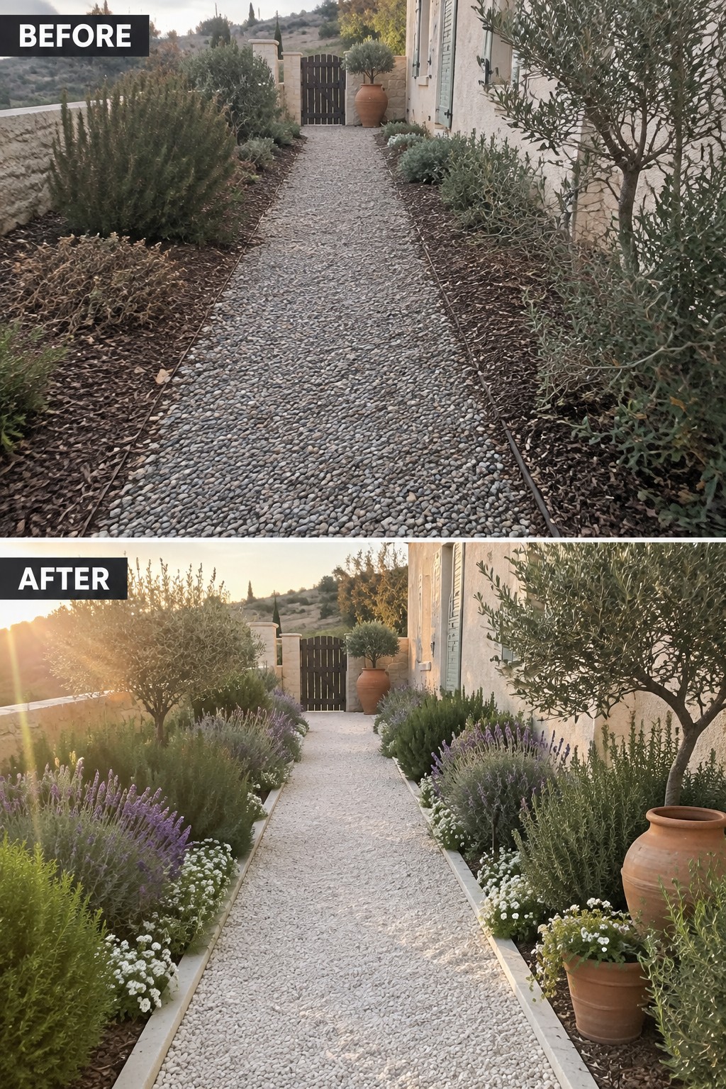 Before and after of a gravel garden path lined with added lavender and flowers.