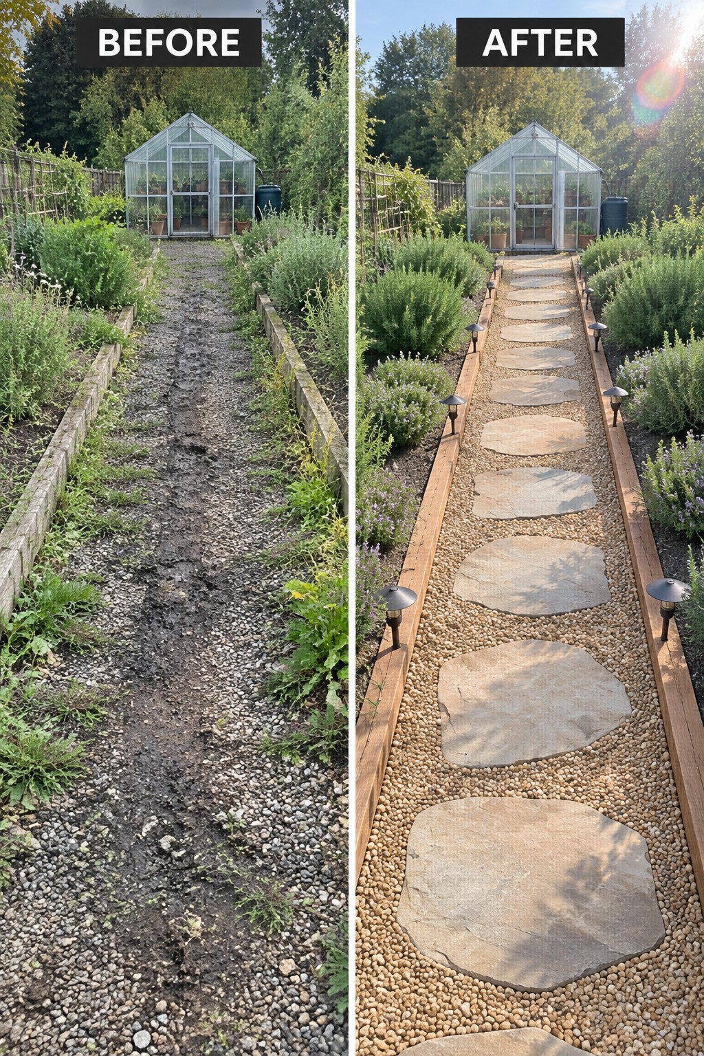 Before and after garden path: muddy weeds versus neat stones, lights and greenhouse
