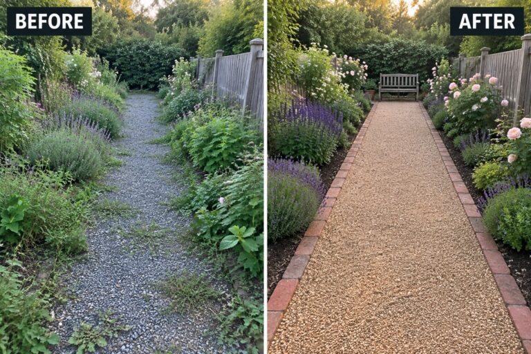 Before-and-after image of an overgrown garden gravel path updated with brick edging, contained planting beds, and a bench at the far end.
