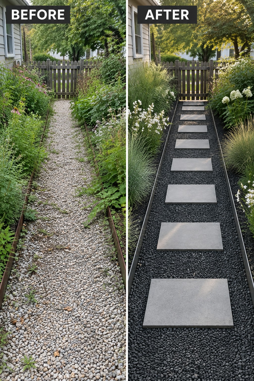 Before-and-after garden path with wild plants replaced by black gravel and gray stepping stones