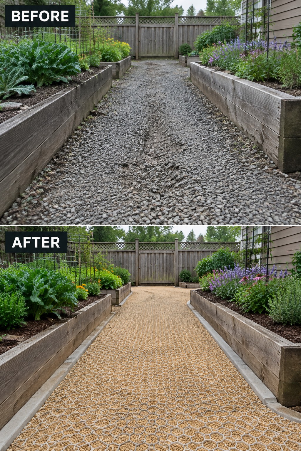 Before-and-after image of a worn gravel pathway between raised garden beds stabilized with a honeycomb grid system.