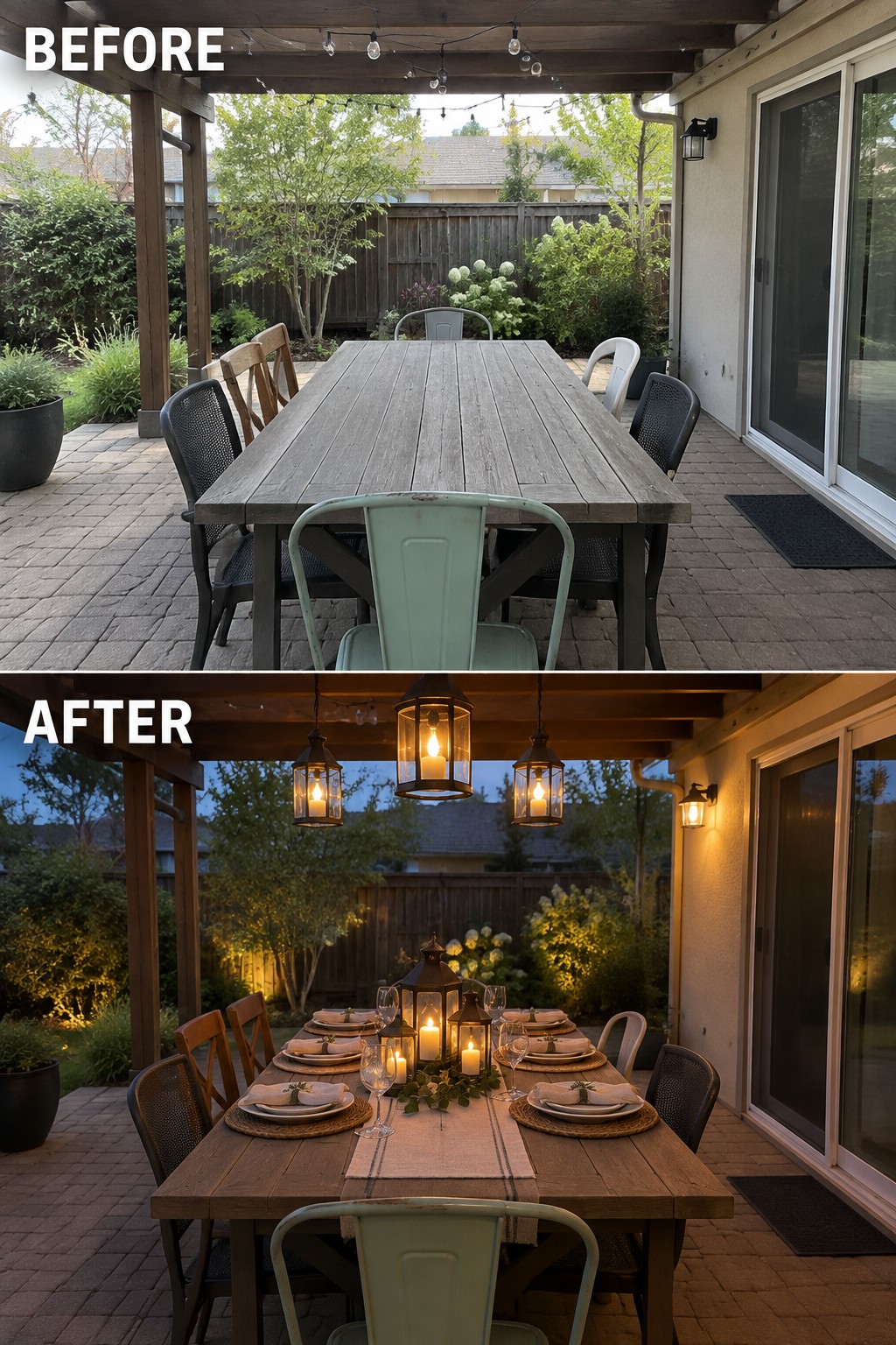 Before and after of wooden patio table with evening lanterns and table settings