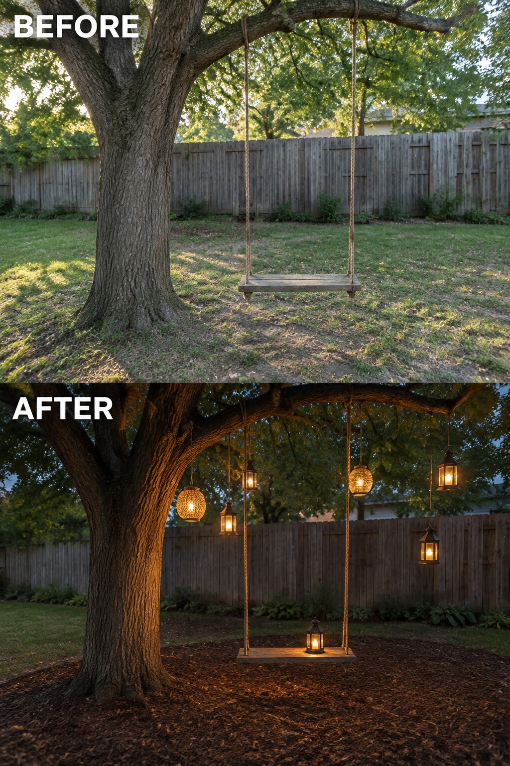 Before-and-after image of a backyard tree swing with hanging lanterns added for nighttime lighting.
