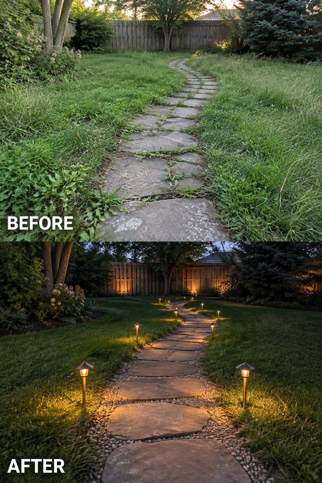 Before and after of overgrown stone path transformed into lit garden walkway with gravel.