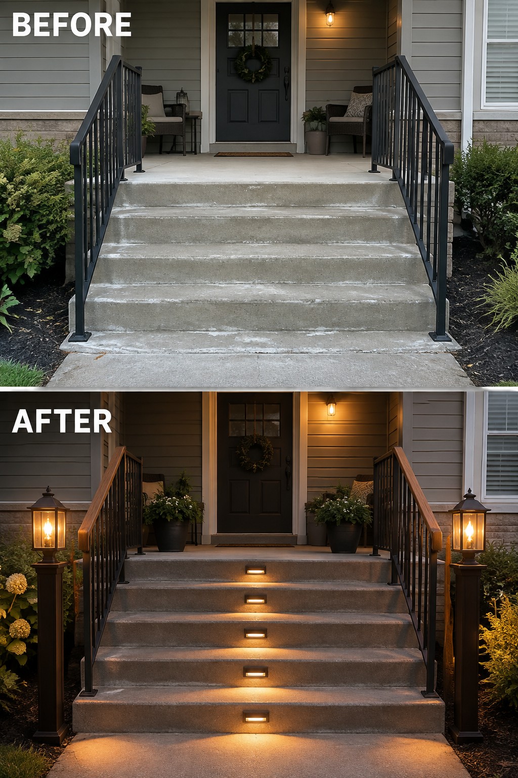 Before-and-after image of a house front entry with concrete stairs, showing added wooden railings, post lanterns, and recessed step lights in the after version.