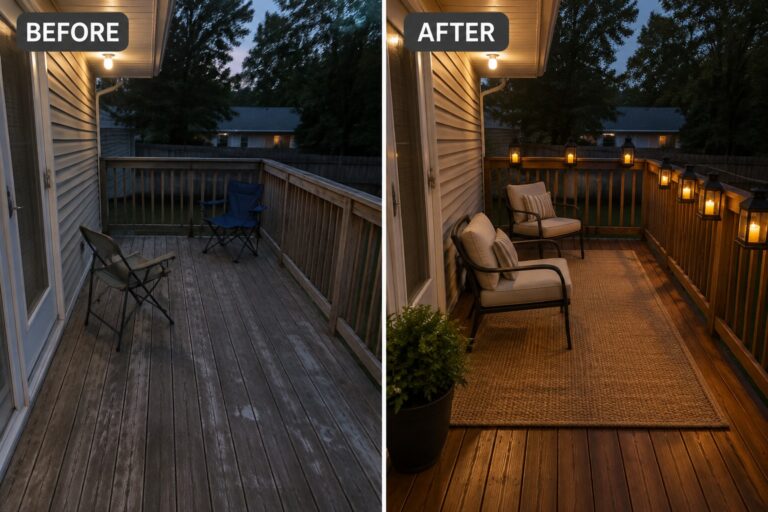 Before and after of wooden deck with lanterns, rug, cushioned chairs and warm lighting.