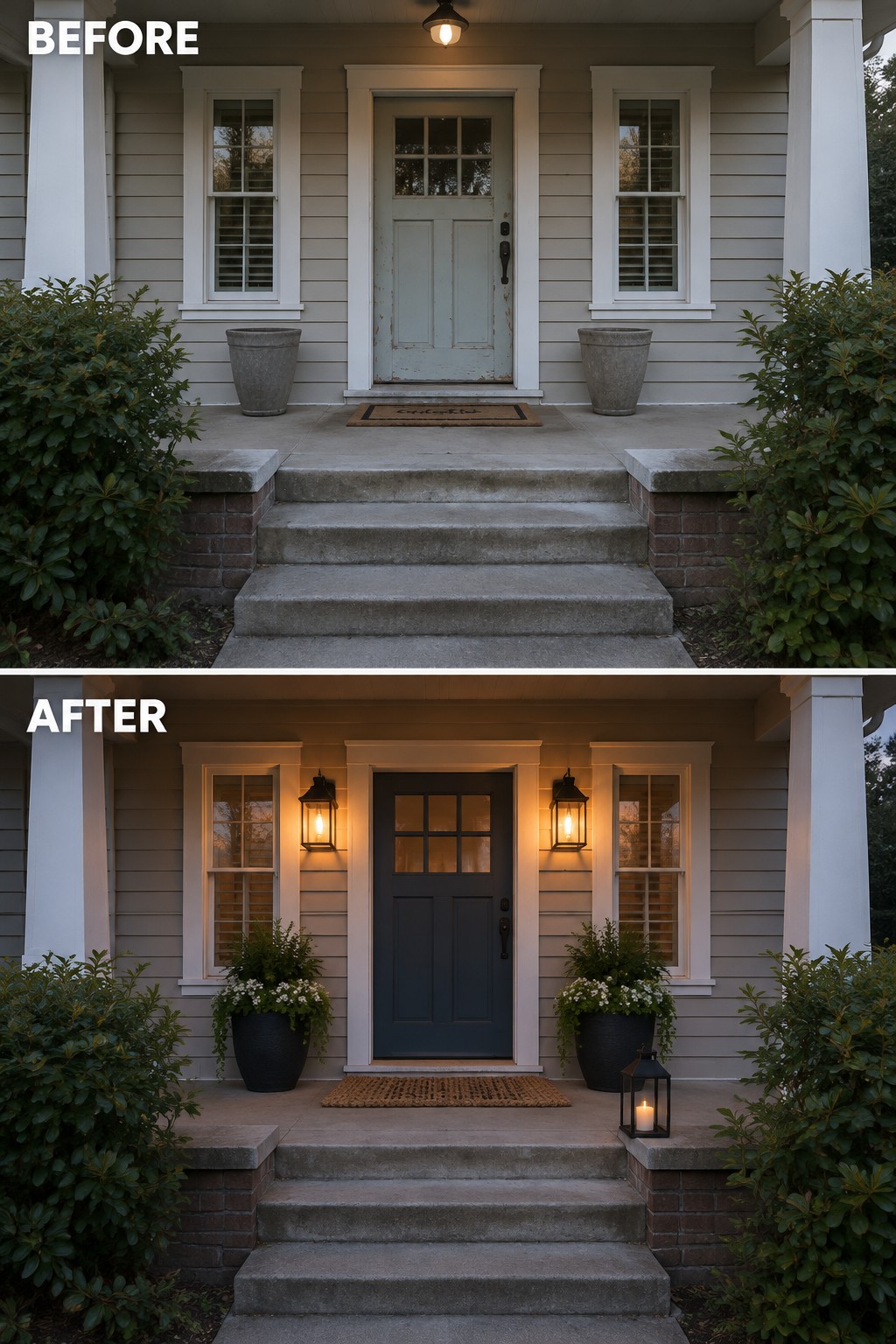 Before and after porch renovation with dark door, lanterns, and flower planters
