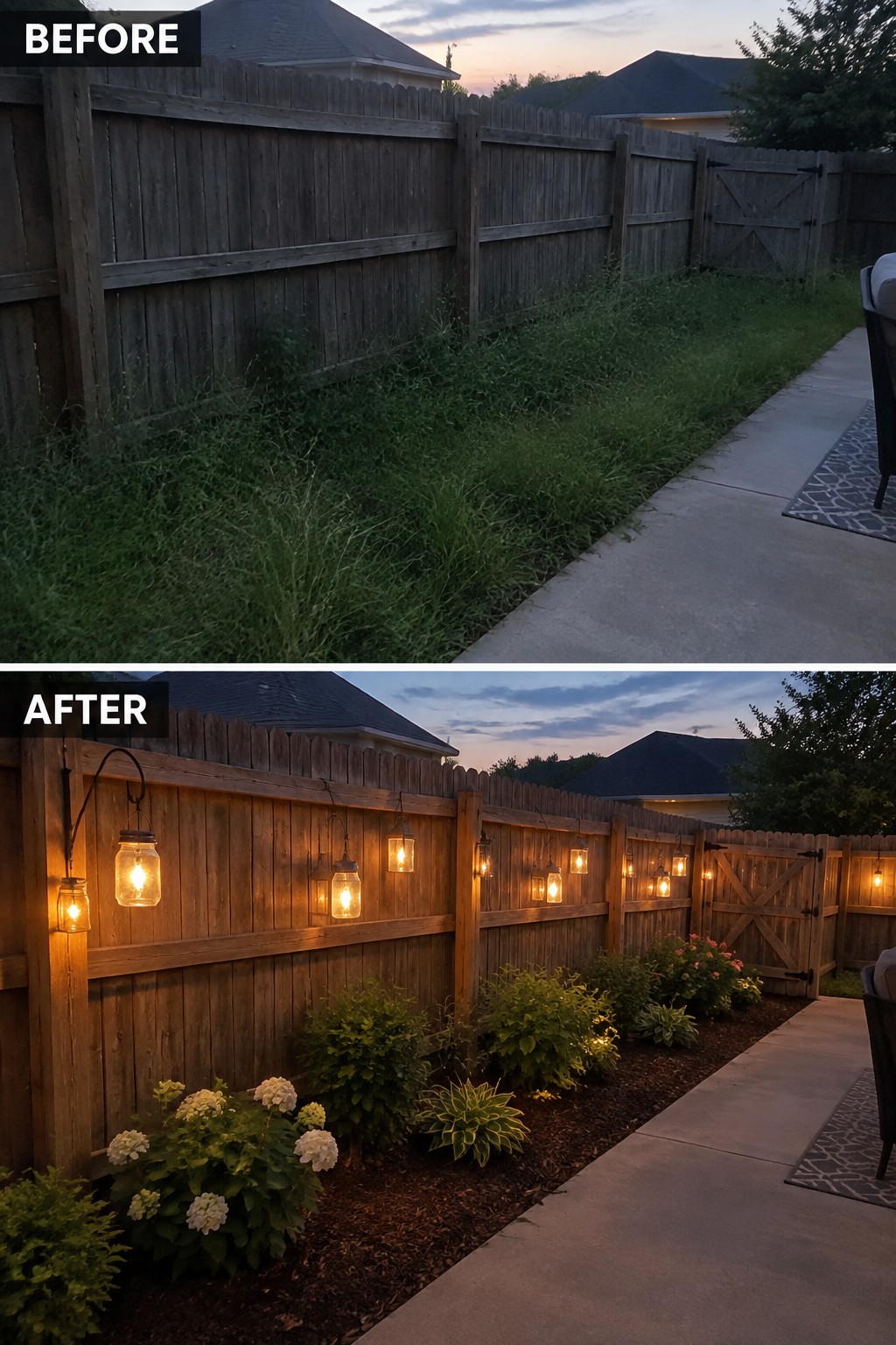Backyard fence before overgrown grass, after with mulch, flowers and jar lights.