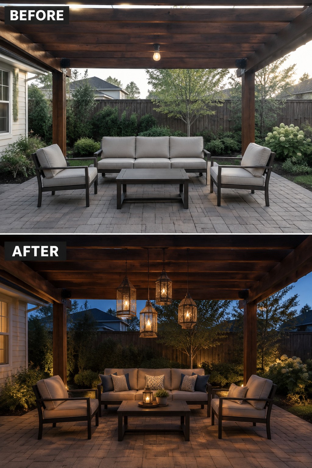 Before and after patio with sofa, chairs, table, and hanging lanterns at dusk
