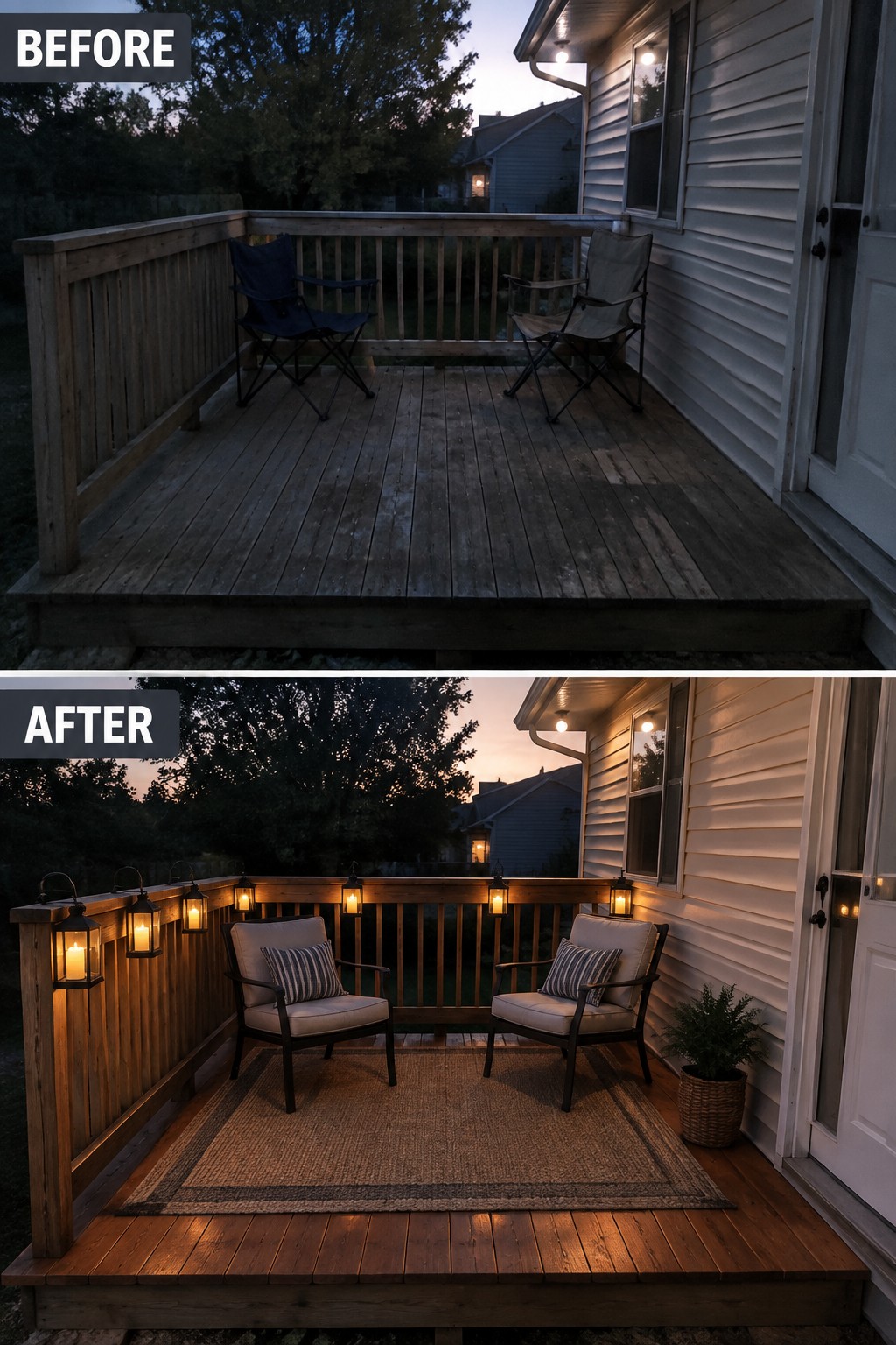 Before and after of wooden deck with lanterns, rug, cushioned chairs and warm lighting.