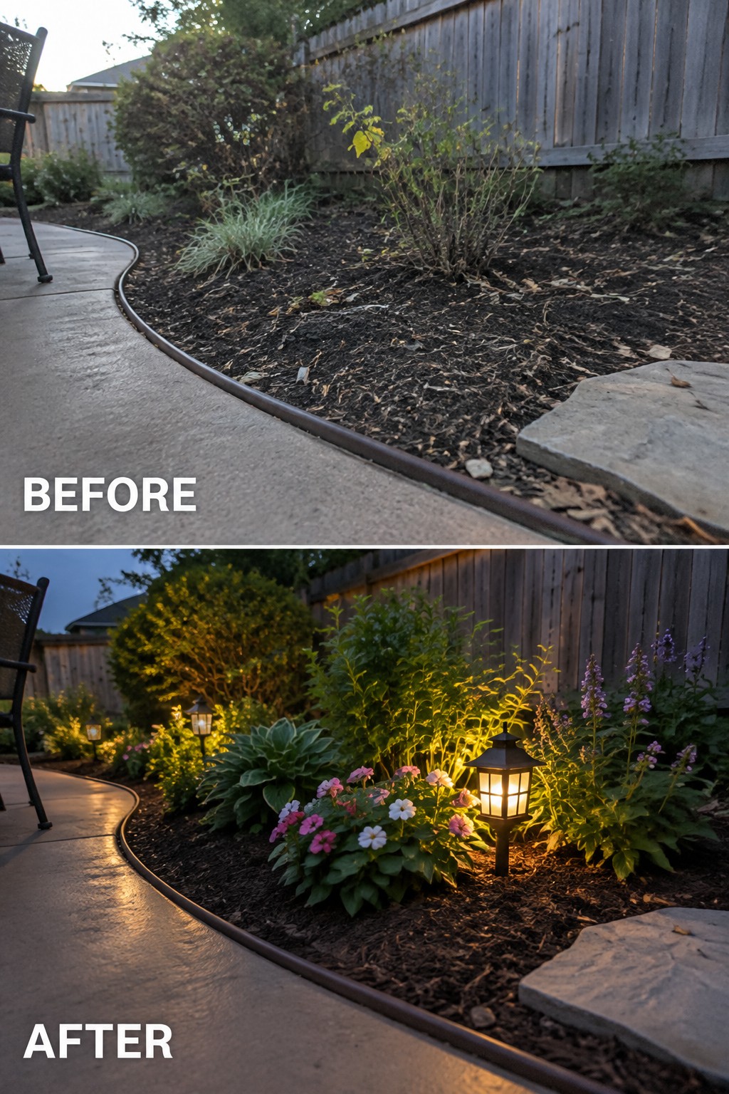 Before-and-after garden bed along path, now planted with flowers and glowing lanterns