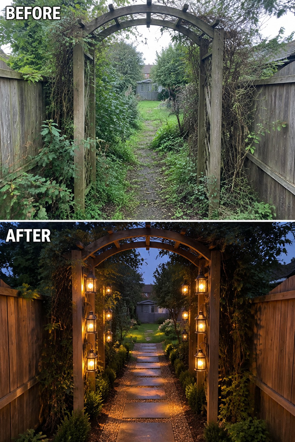 Before and after of overgrown garden path transformed into lantern-lit stepping stone walkway at dusk