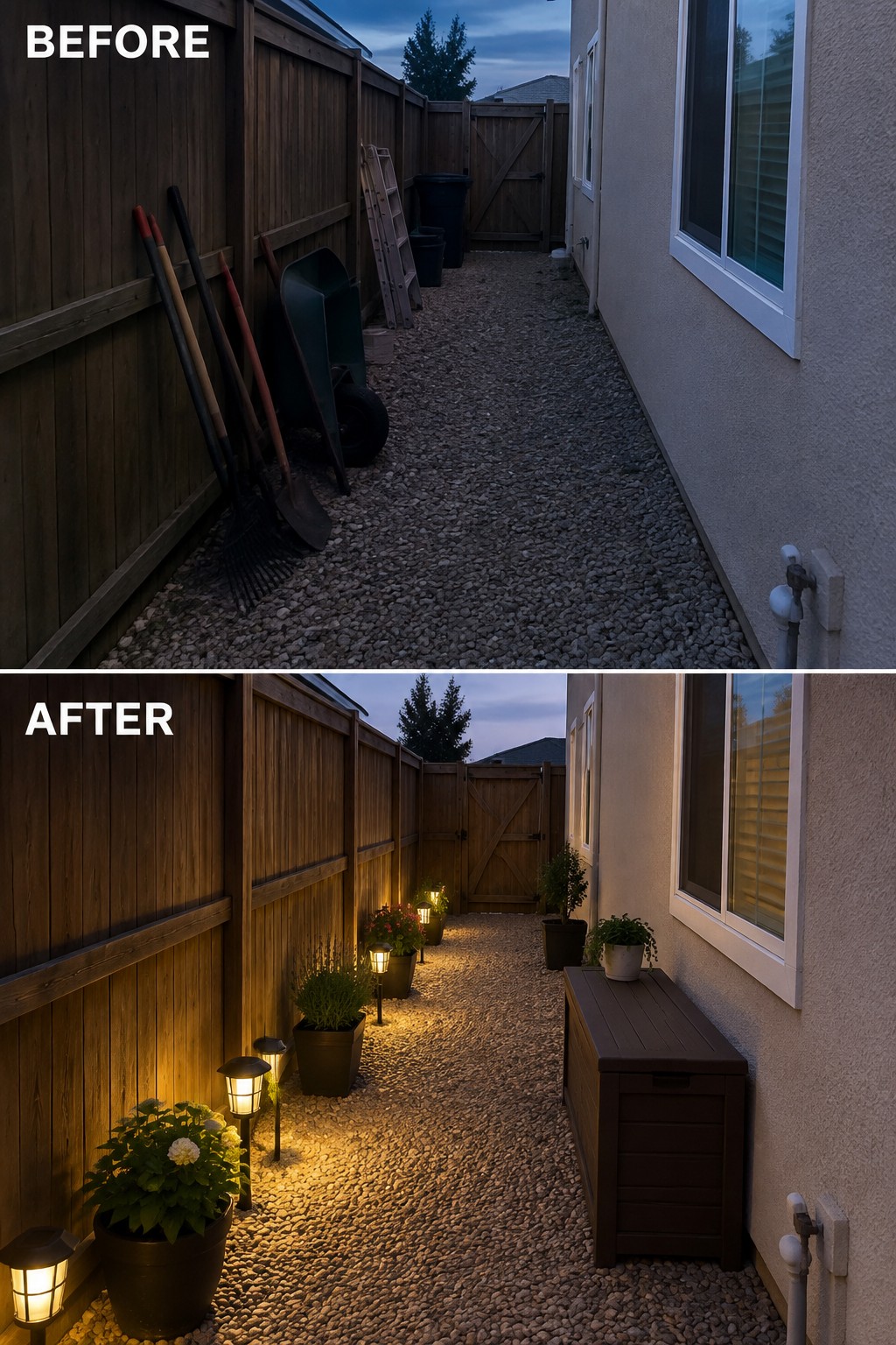 Before-and-after view of cluttered gravel path transformed into lit garden walkway with plants and bench.