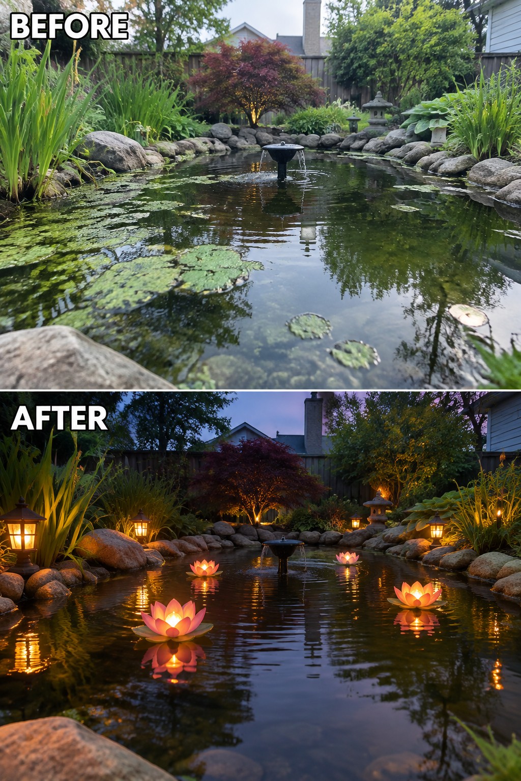 Before-and-after backyard pond: algae-filled by day, glowing with lotus lanterns at night.