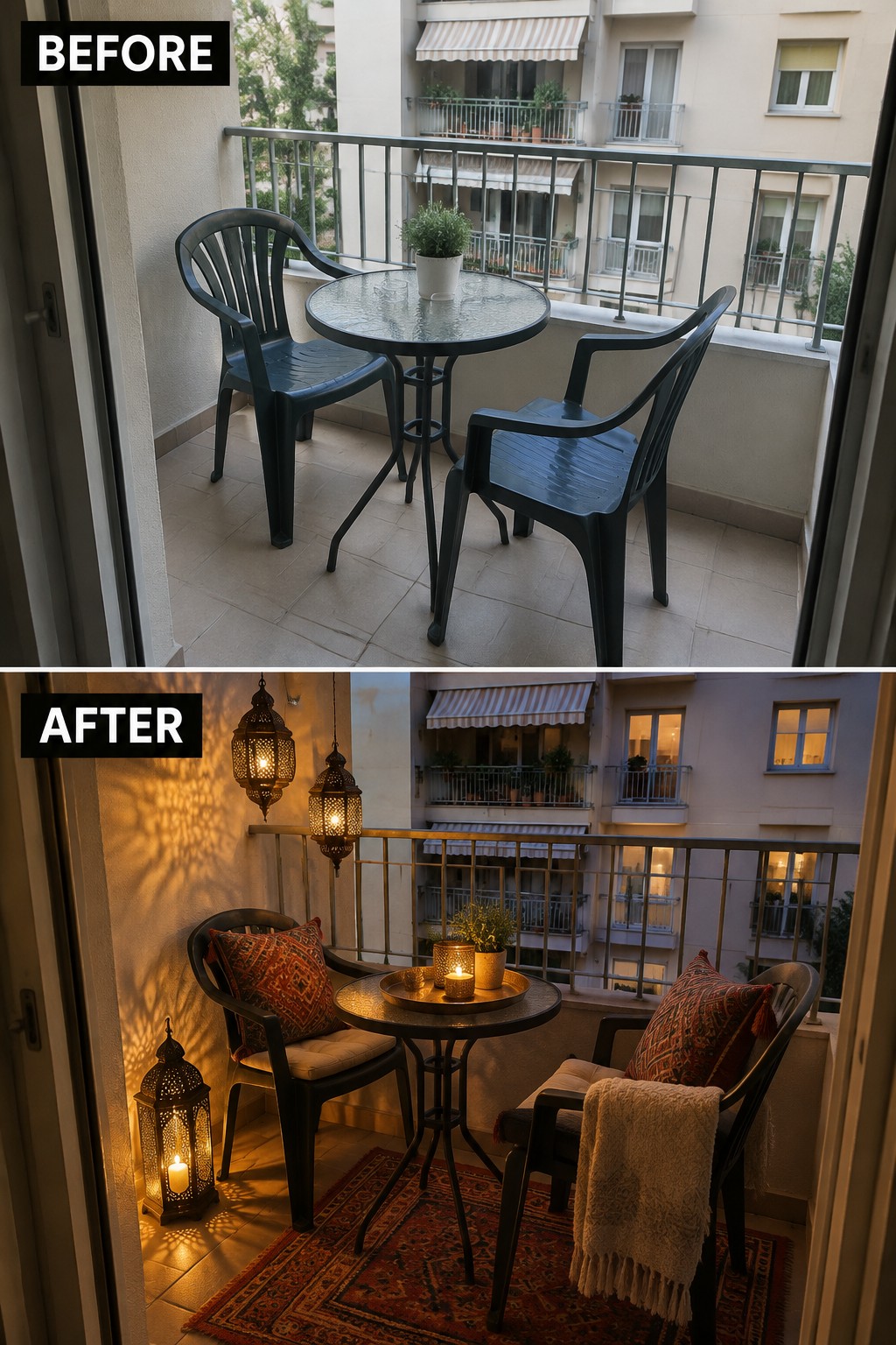 Before-and-after balcony makeover with lanterns, cushions, rug, and warm evening lighting.