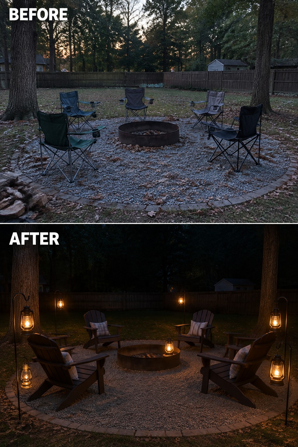 Before and after backyard fire pit with camp chairs upgraded to Adirondack chairs and lanterns