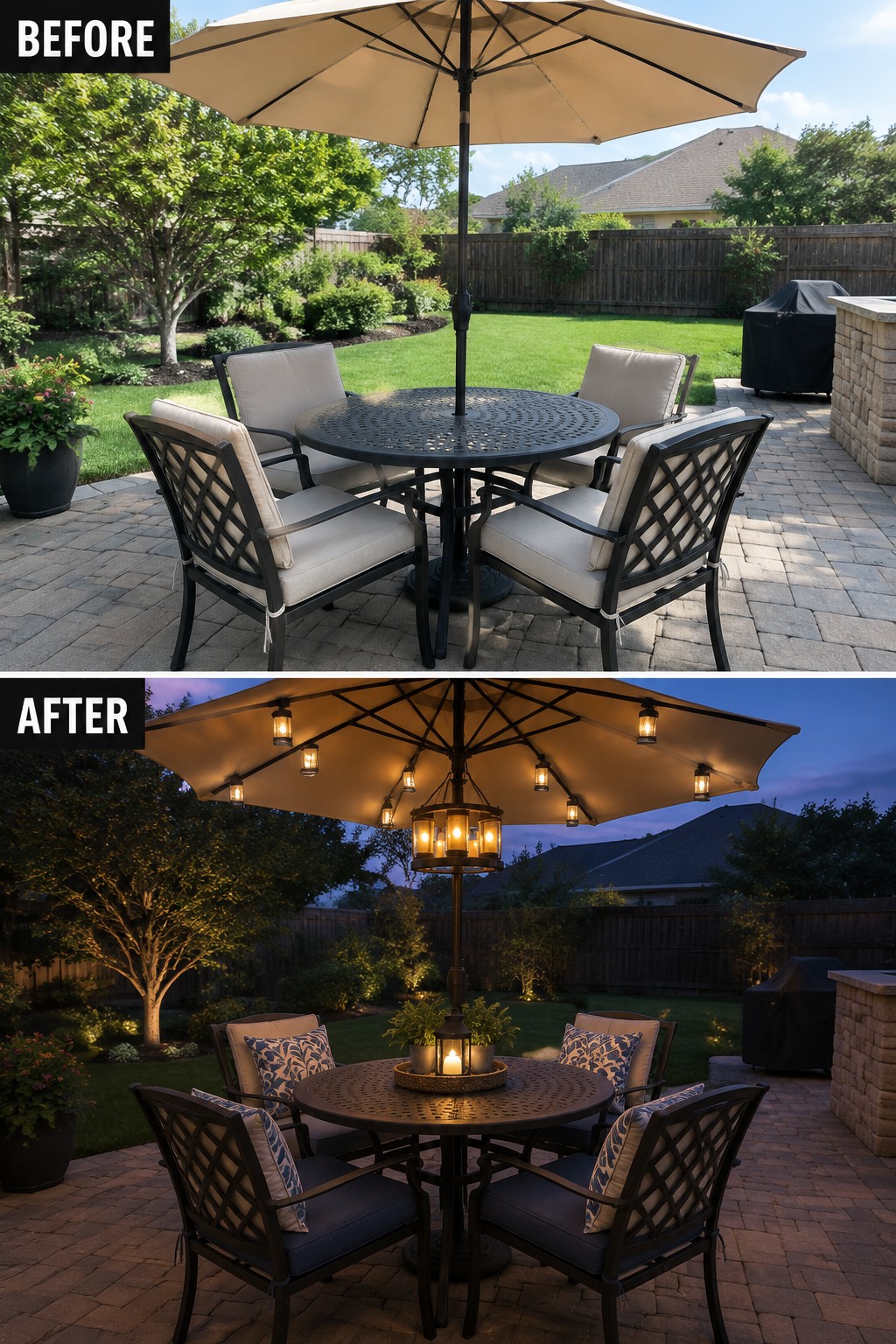 Before and after patio dining set with umbrella, day to lit evening scene