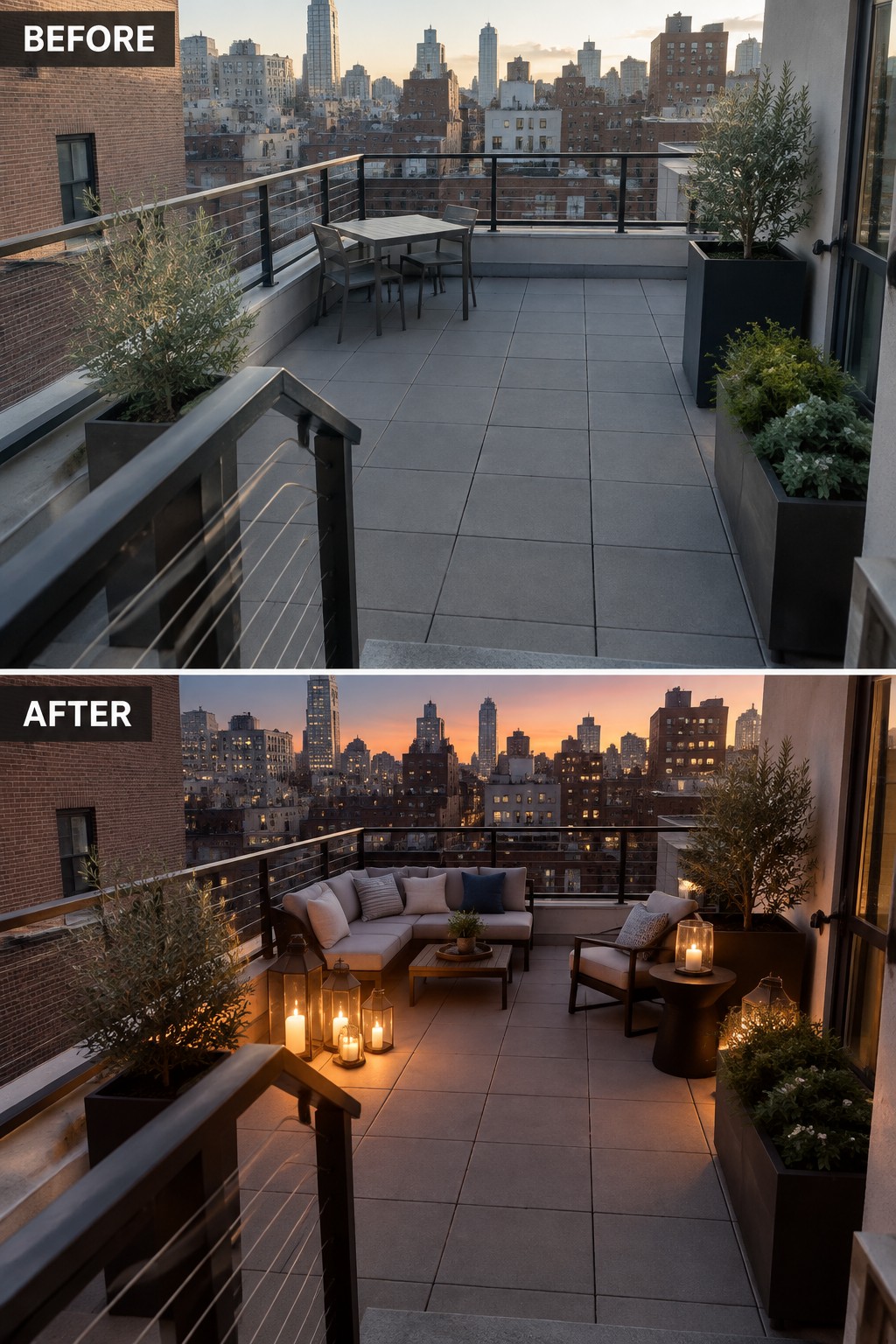 Before-and-after image of a bare balcony transformed into a furnished outdoor seating area with multiple lanterns providing warm lighting.