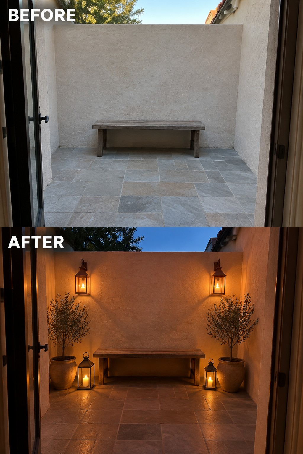 Before-and-after image of a plain patio with a bench changed by adding wall and floor lanterns, potted plants, and warm evening lighting.