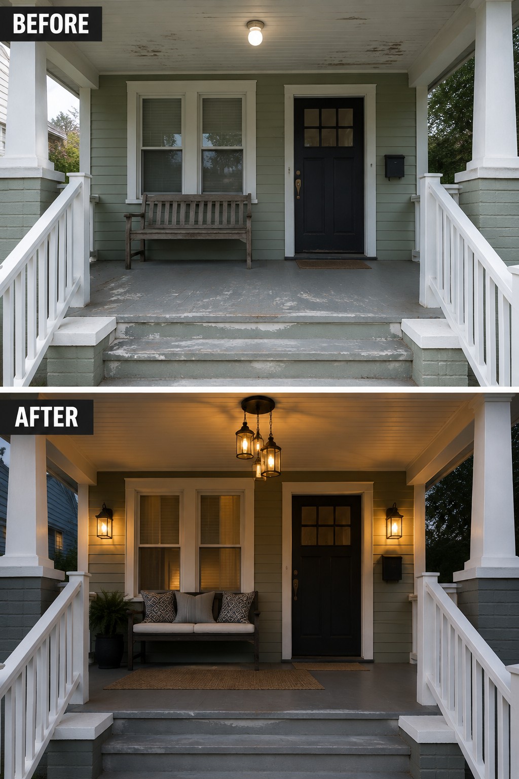 Before-and-after porch with new pendant lights, cushioned bench, and warm sconces