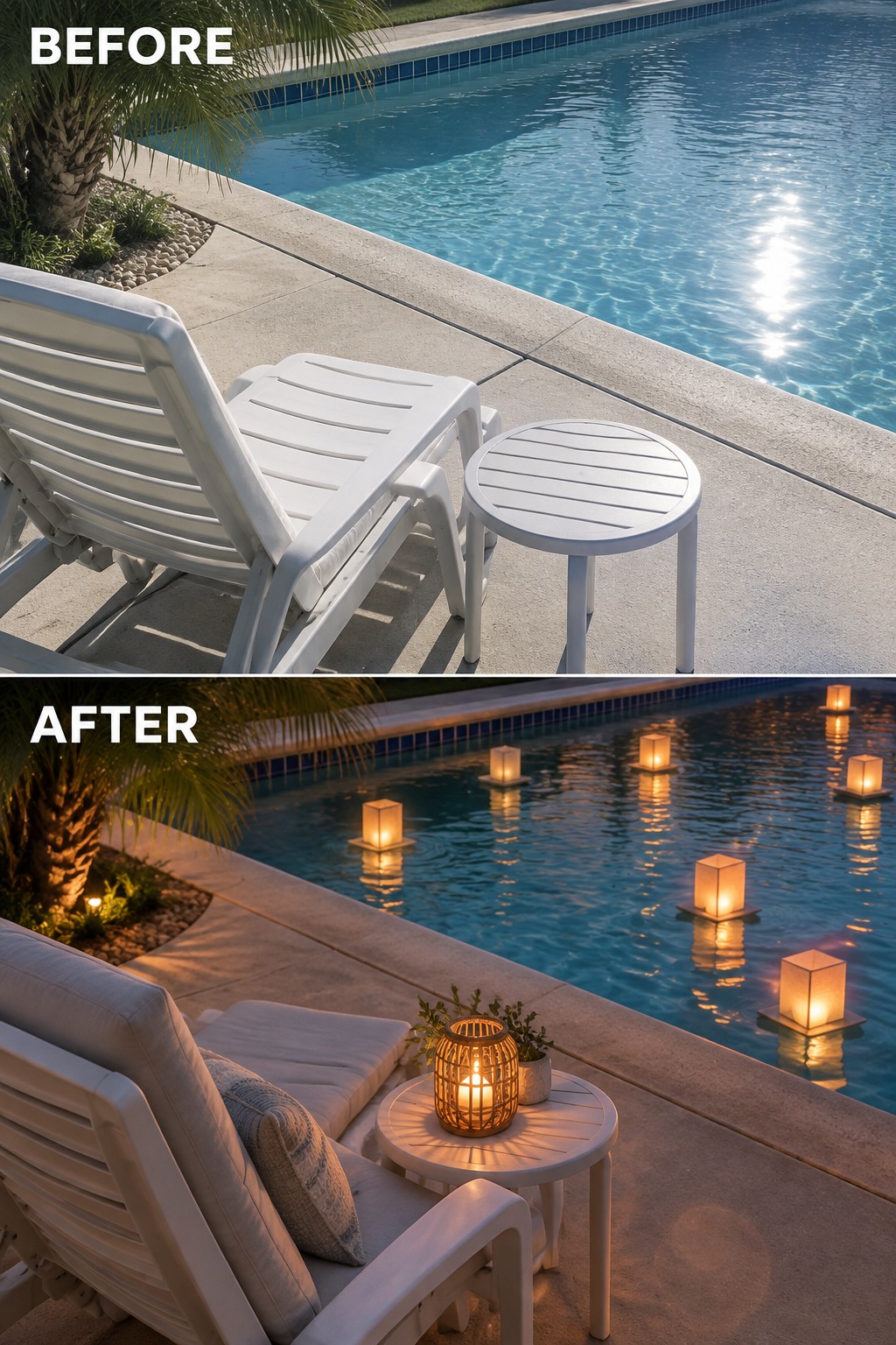 Before and after poolside view with white lounge chair and glowing lanterns.