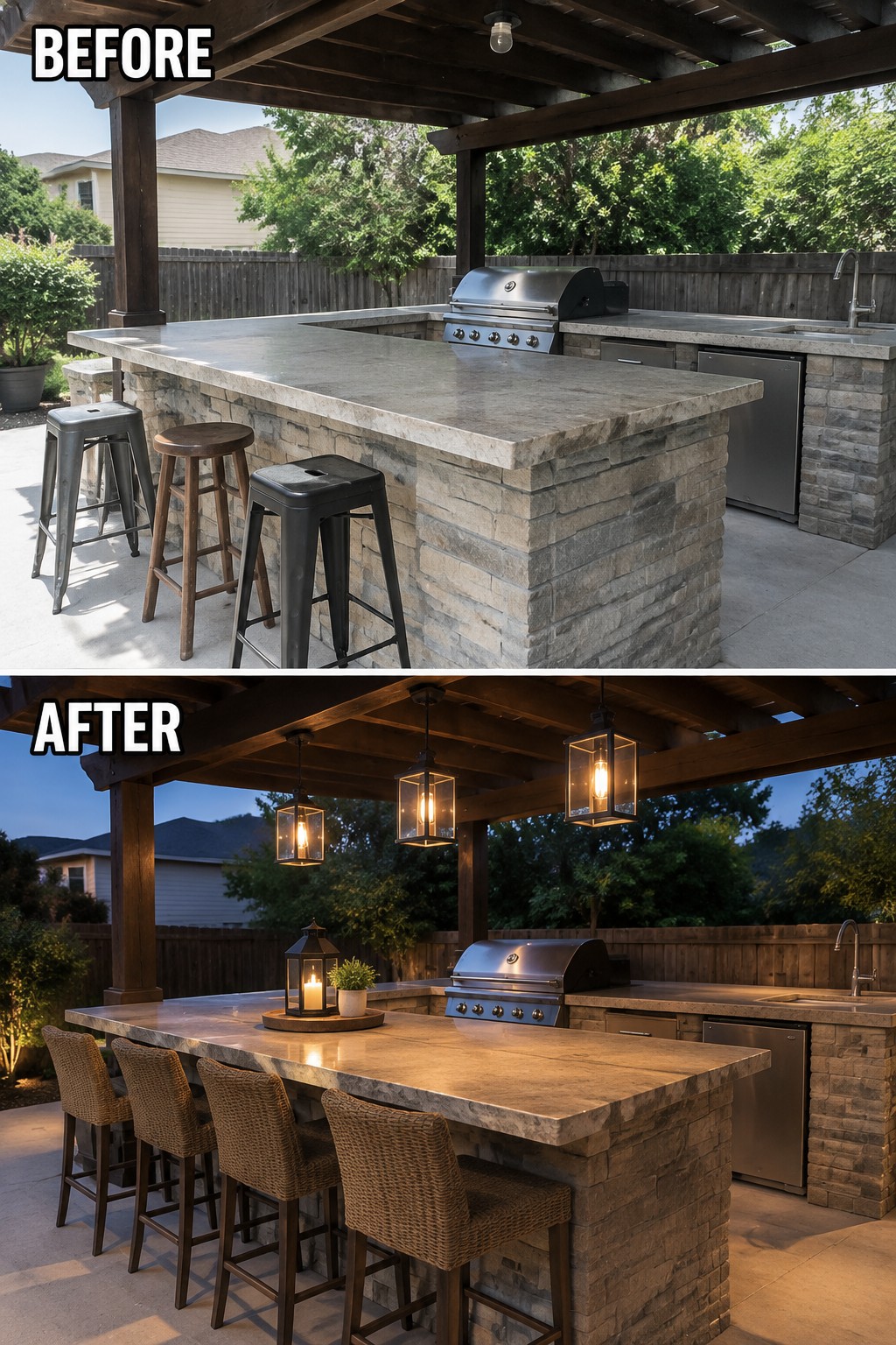 Before-and-after of outdoor kitchen with stone island, grill, metal vs wicker stools, and lanterns