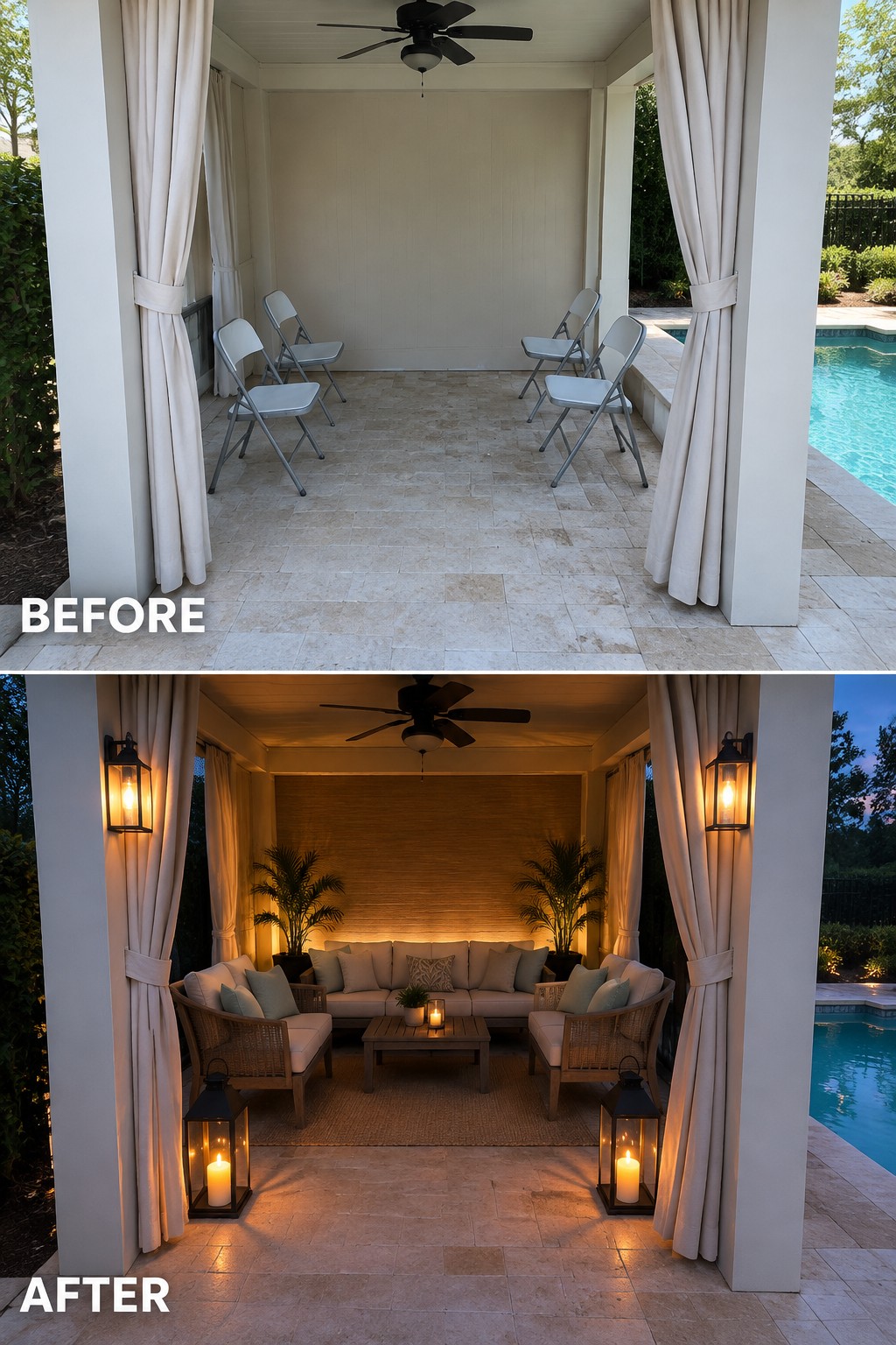 Before and after patio with folding chairs transformed into cozy lit lounge by pool