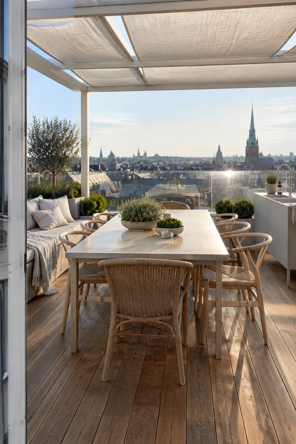 Rooftop patio with a long wooden dining table, mixed woven chairs, and white fabric canopies overhead, overlooking a city skyline.