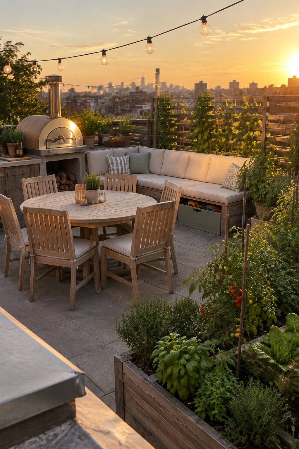 Rooftop patio at sunset with pizza oven, dining set, sofa, garden, and city skyline.