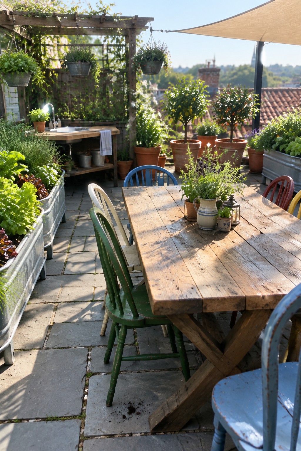 A large weathered wooden dining table with mixed chairs sits on a stone-paved rooftop terrace surrounded by potted plants, raised beds, and a wooden pergola.
