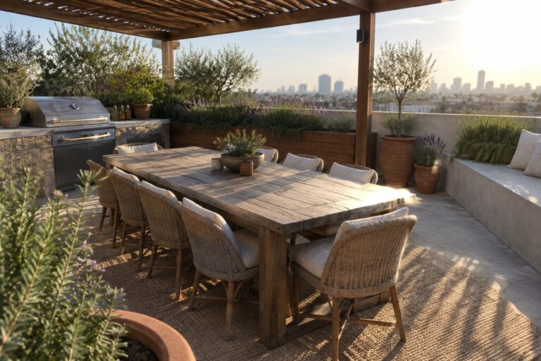 A long wooden dining table with wicker chairs sits under a slatted pergola on a rooftop terrace beside a built-in grill and potted plants.