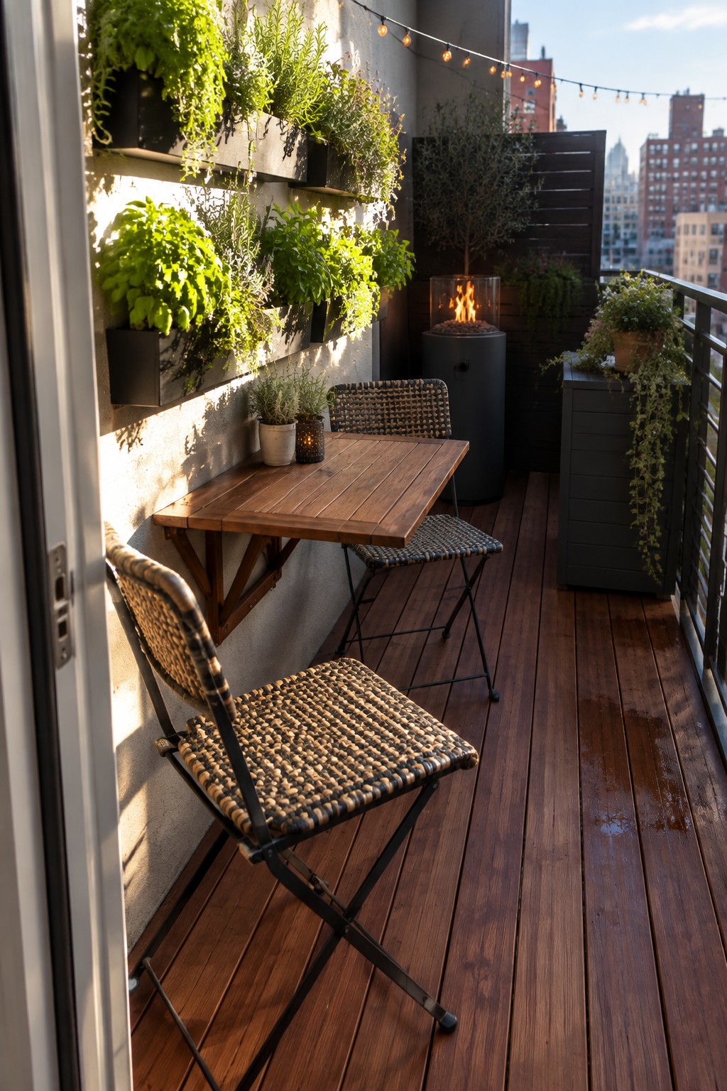 A wooden fold-down table attached to a balcony wall with two woven chairs, vertical planters, and a fire pit visible in the background.