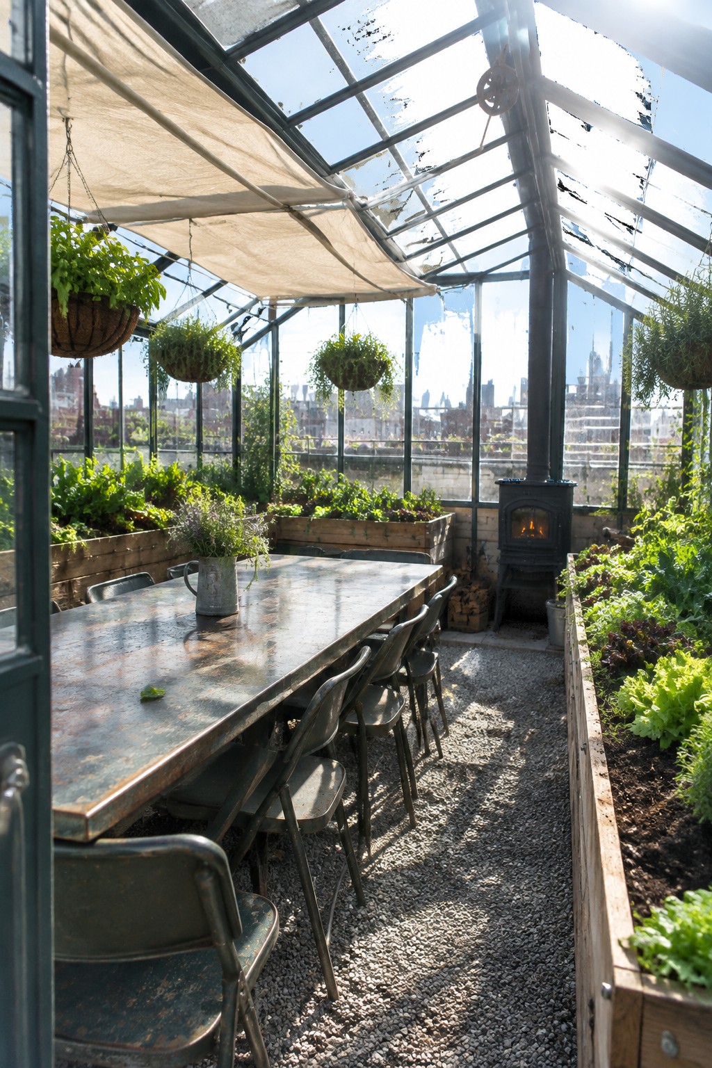 Sunlit greenhouse with long table, metal chairs, hanging plants, raised beds, and wood stove
