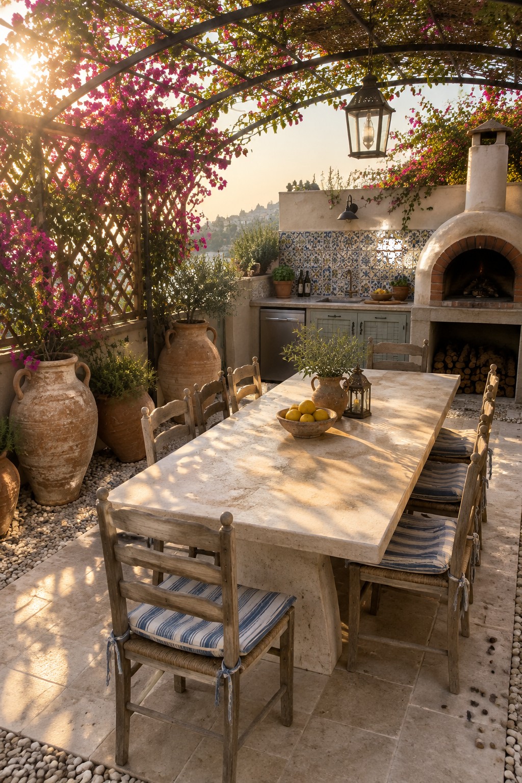 A long stone dining table with wooden chairs sits under a vine-covered pergola next to an outdoor kitchen with a brick oven.