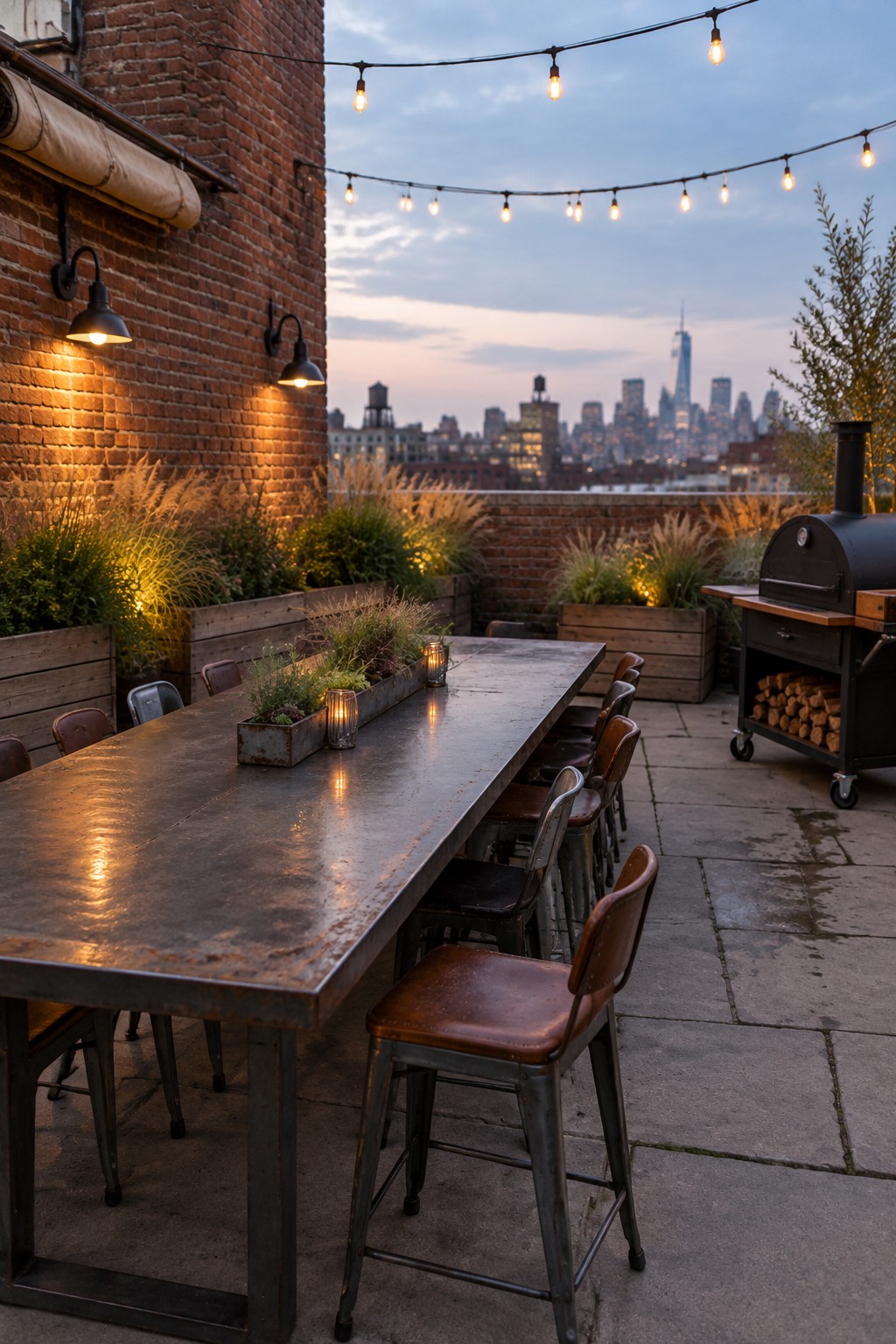 A long metal dining table with mixed metal and leather chairs sits on a rooftop patio beside planters and a grill, with string lights overhead and a city skyline in the background.