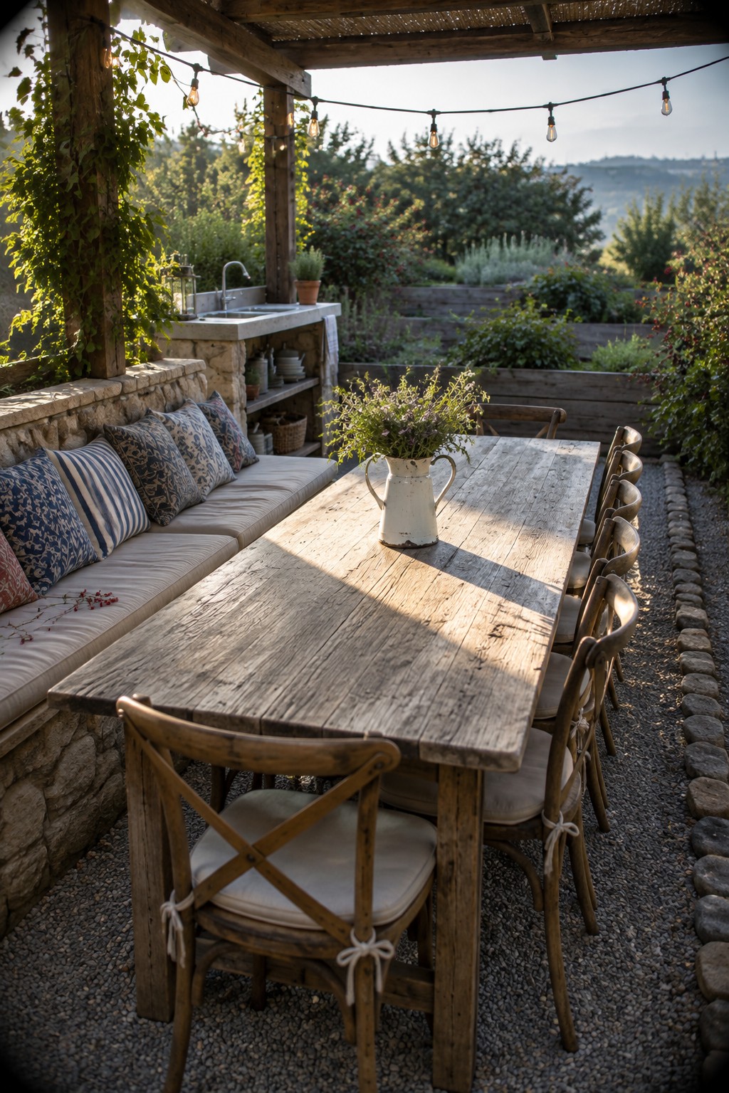 A long rustic wooden dining table on a gravel patio under a pergola with string lights, one side backed by a stone bench with cushions and the other lined with wooden chairs, with a white pitcher of flowers in the center.