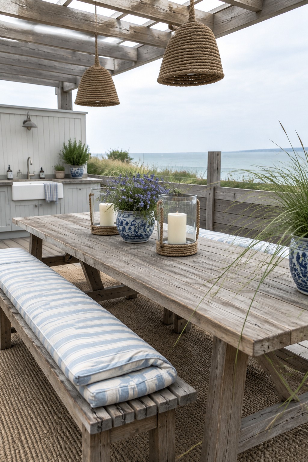 A long wooden dining table with benches sits under a pergola fitted with two large rope-wrapped pendant lights, overlooking the sea.