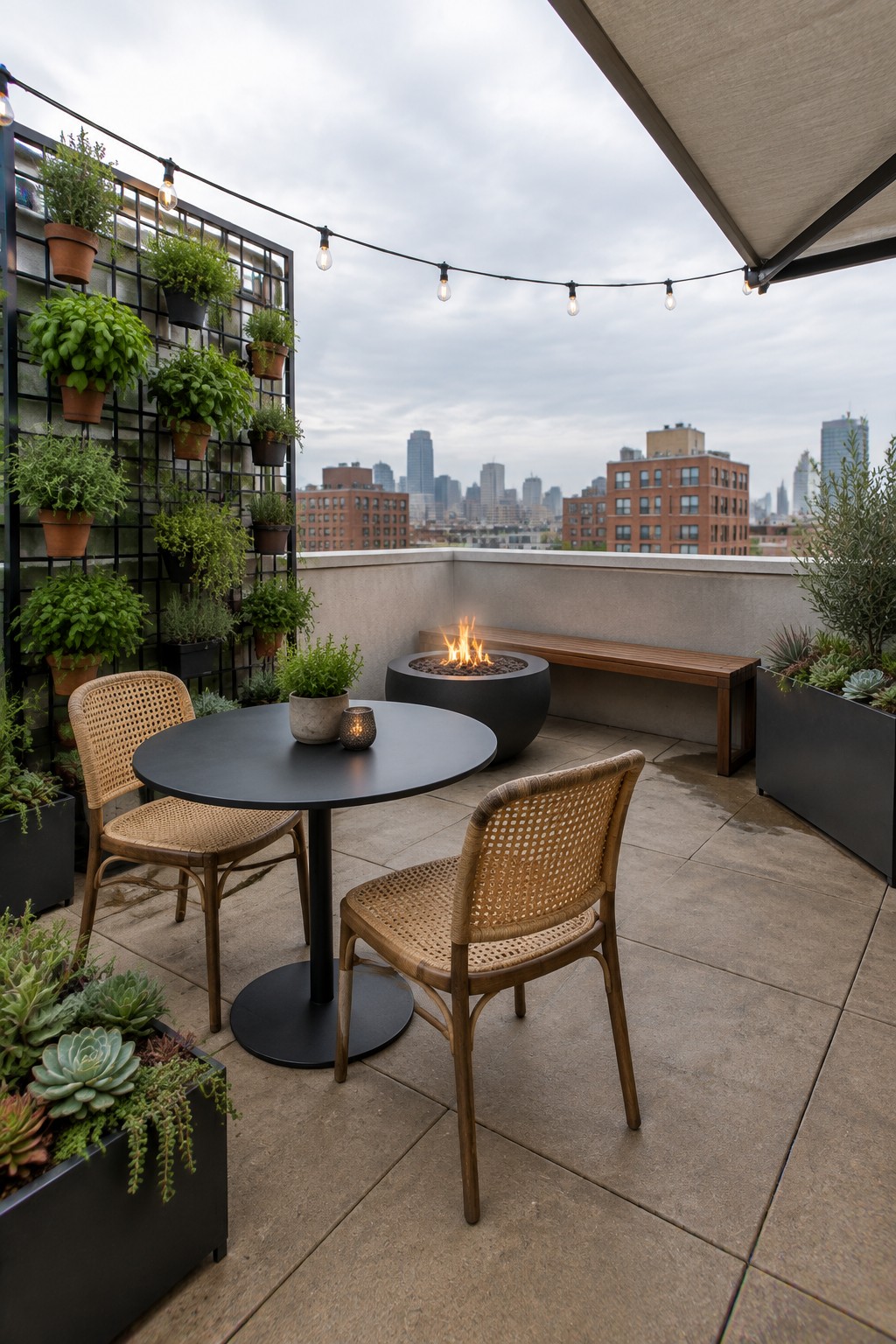 Modern rooftop terrace with round table, woven chairs, fire pit, and city skyline.