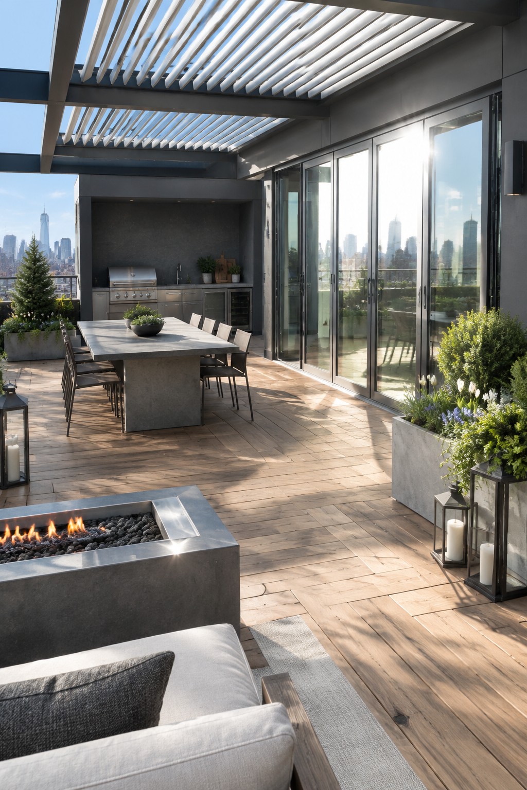 A rooftop patio shows a concrete dining table with chairs, an outdoor kitchen along the back wall, a fire pit in the foreground, and large glass doors with a city skyline view.