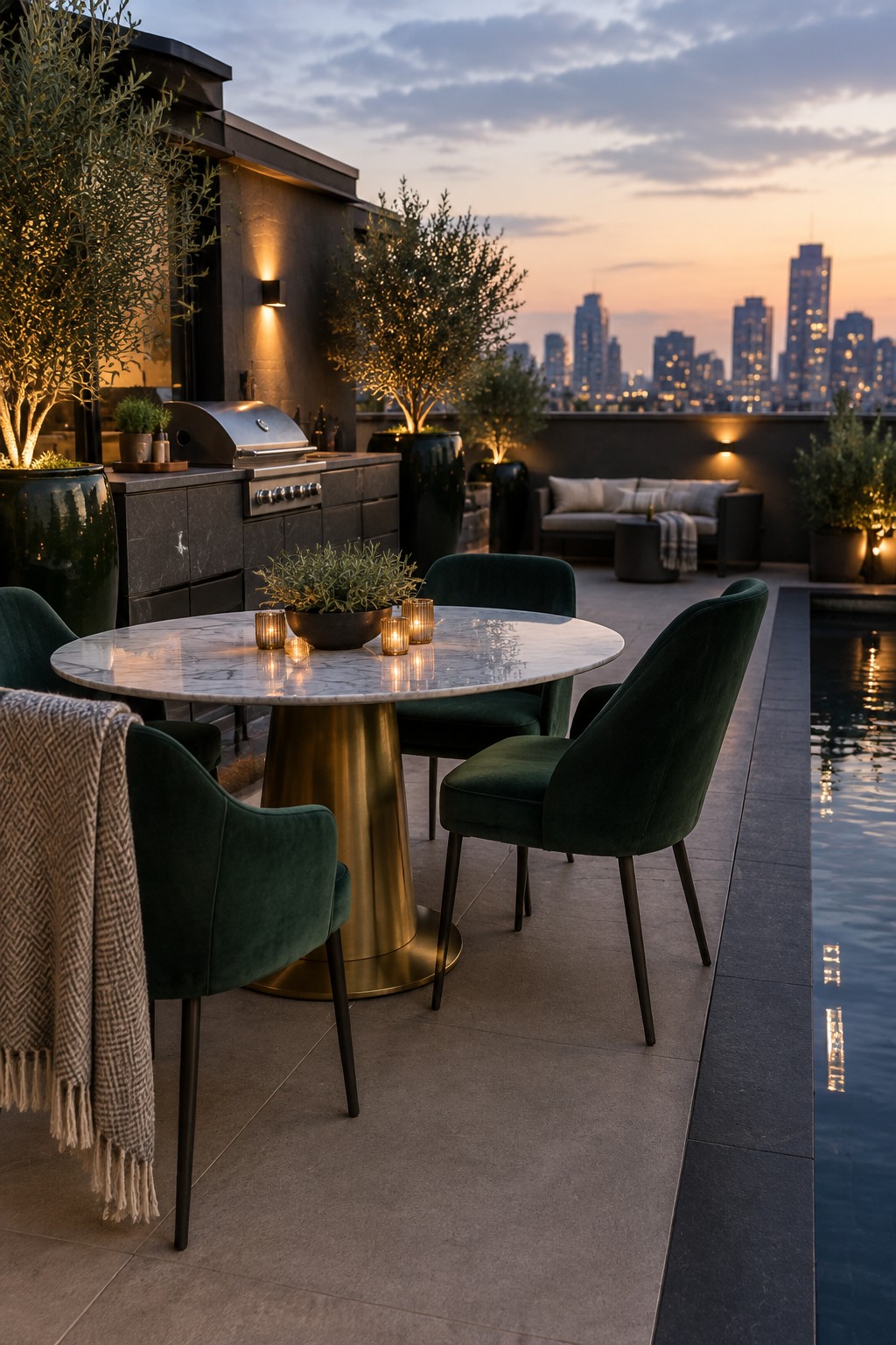 A round marble dining table with green velvet chairs sits on a rooftop patio beside a built-in grill, with potted trees and a city skyline at dusk.