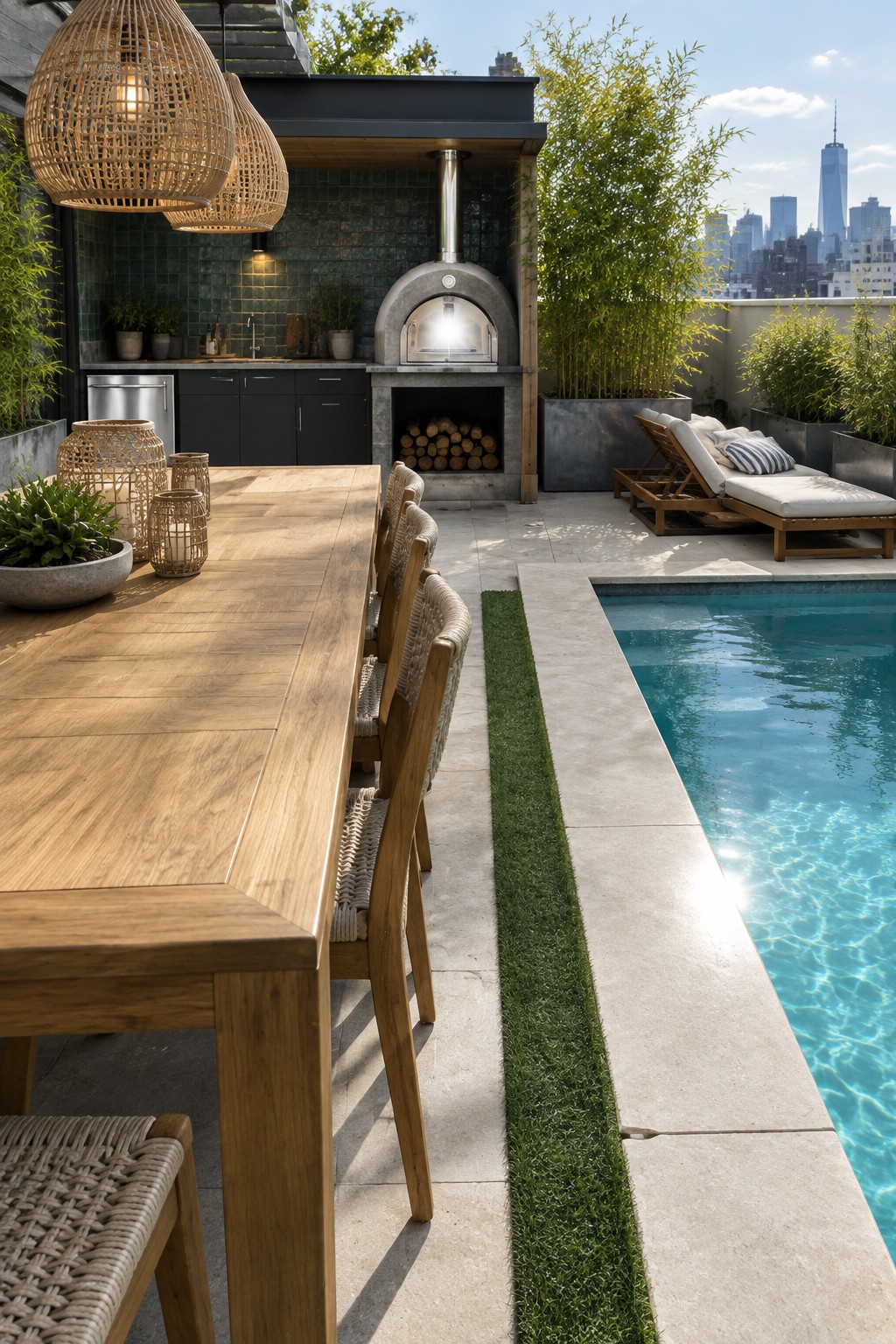 A rooftop patio with a long wooden dining table and woven chairs beside a swimming pool, a pizza oven visible in the background, and lounge chairs near potted plants.