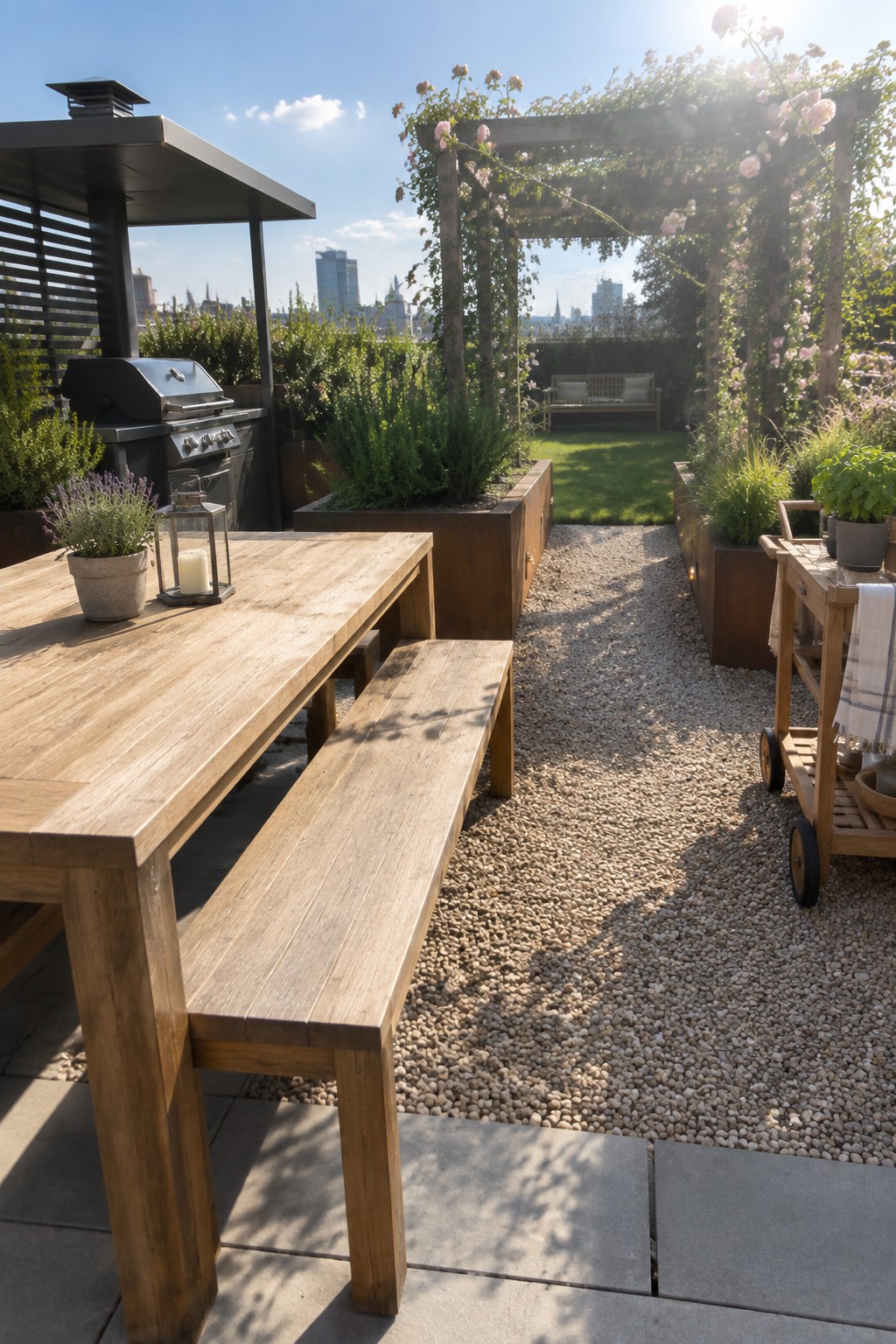 Wooden outdoor dining table with bench on a rooftop patio beside a grill, surrounded by gravel paths and raised planters.